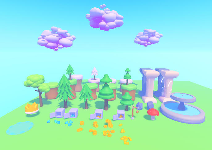 Pastel fantasy environment with trees, clouds, and props